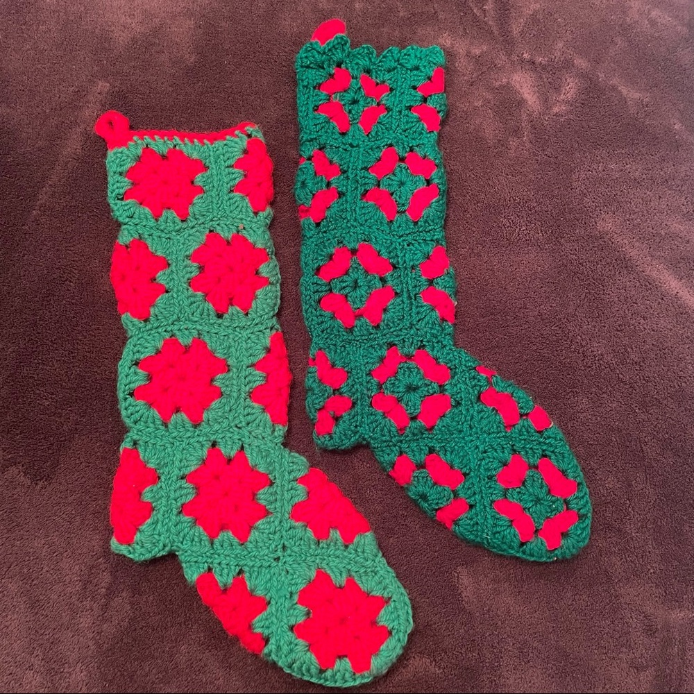 Crochet Crocheted Stockings Christmas Tree Decor Pair of 2 Red Green 70s Vintage